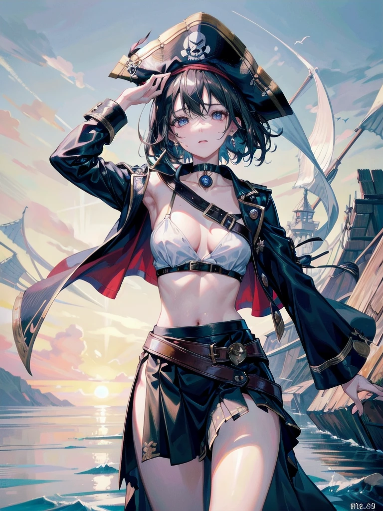 absurdres, RAW photo, extremely delicate and beautiful, masterpiece, Best Quality, ultra high resolution, 32k, hyperrealistic, ultra-detailed, perfect figure, tearful mole, earring, whole body shot, short medium hair, wavy hair, Practical pirate clothing, Long-sleeved pirate top, Skirt,Torn pirate hat, 