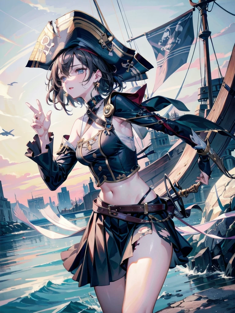 absurdres, RAW photo, extremely delicate and beautiful, masterpiece, Best Quality, ultra high resolution, 32k, hyperrealistic, ultra-detailed, perfect figure, tearful mole, earring, whole body shot, short medium hair, wavy hair, Practical pirate clothing, Long-sleeved pirate top, Skirt,Torn pirate hat,