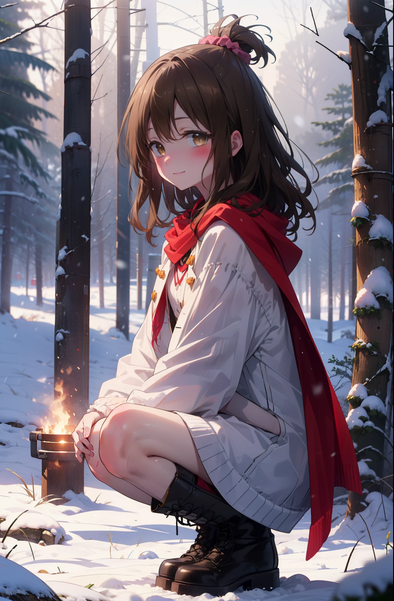 Follow Us, Yuki mandarin orange, (Brown eyes:1.5), Brown Hair, hair ornaments, hair Scrunchie, Long Hair, pink Scrunchie, Scrunchie, (Flat Chest:1.2),smile,,smile,blush,White Breath,
Open your mouth,snow,Ground bonfire, Outdoor, boots, snowing, From the side, wood, suitcase, Cape, Blurred, , forest, White handbag, nature,  Squat, Mouth closed, Cape, winter, Written boundary depth, Black shoes, red Cape break looking at viewer, Upper Body, whole body, break Outdoor, forest, nature, break (masterpiece:1.2), highest quality, High resolution, unity 8k wallpaper, (shape:0.8), (Beautiful and beautiful eyes:1.6), Highly detailed face, Perfect lighting, Highly detailed CG, (Perfect hands, Perfect ???????),