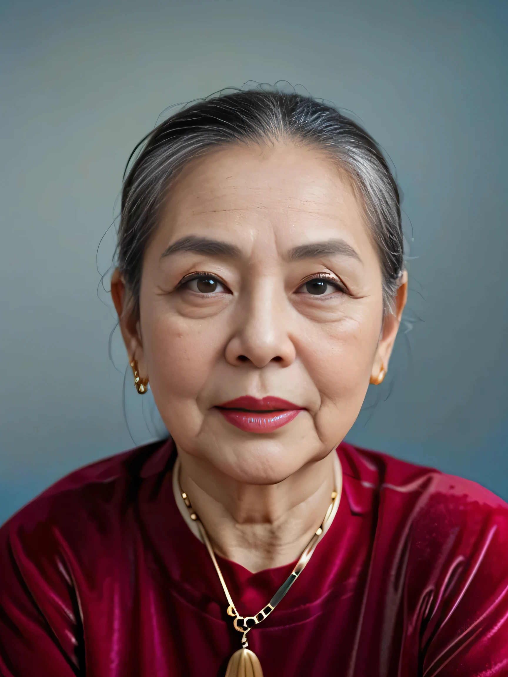 Highly realistic photo, ((masterpiece), (best quality), (raw photo), (photorealistic:1.4), Portrait of Vietnamese old woman, (90 years old), ((gray hair)), ((wearing red vietnamese velvet shirt)), gold necklace, ((blue background:1.4)) , photo taken by Sony A7IV
