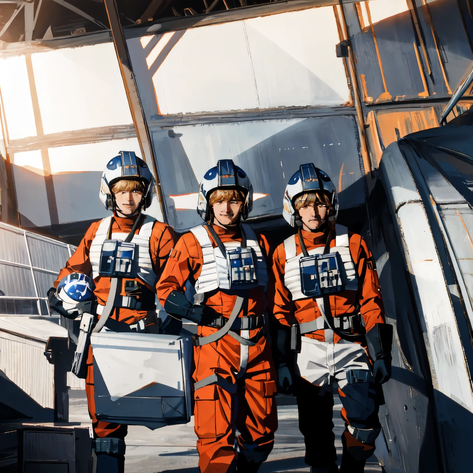 rebel pilots with their helmets in the air force hangar.., foto cruda, 8k high definition, DSLR, soft lighting, alta calidad,(espacio, galaxia), (rebel pilot suit)