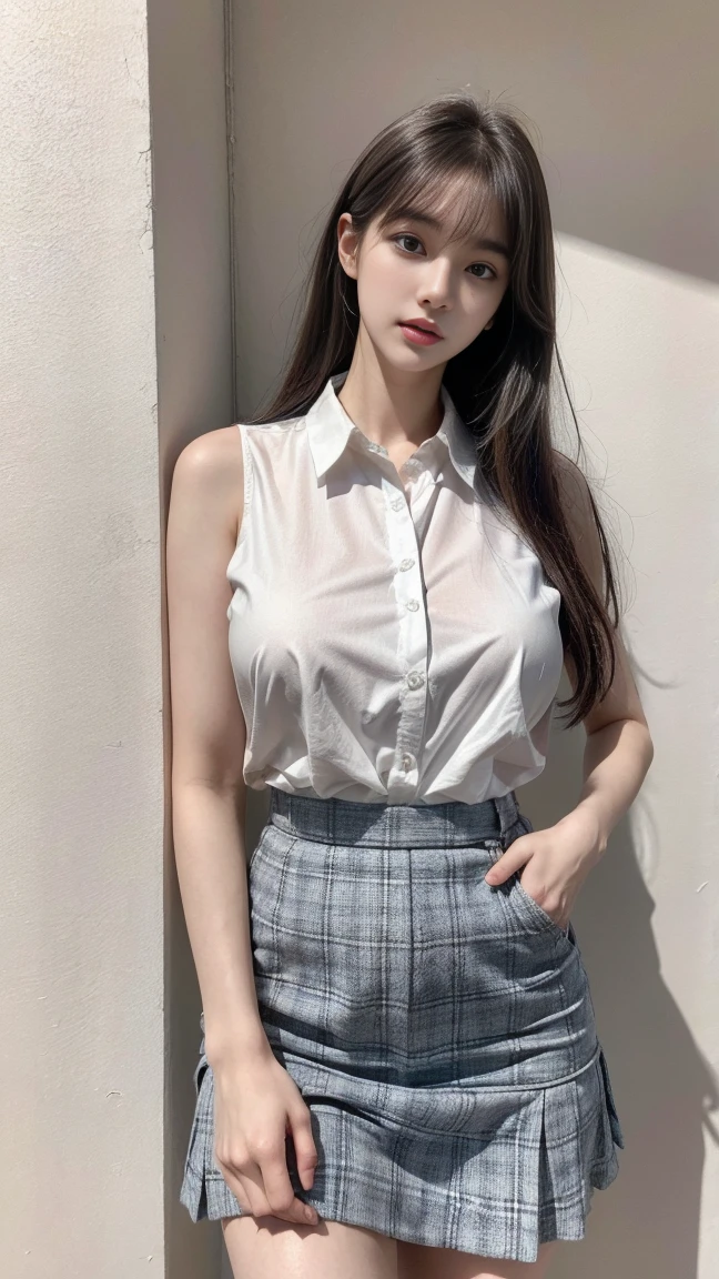 masterpiece, best quality, (Practical, photo-Practical:1.37), 8K, Extremely delicate and beautiful, Astonishing, Fine details, Official Art, absurd, incredibly absurd, Huge file size, Extremely detailed, Very detailed, Beautiful and delicate girl, Very detailed eyes and face, Beautiful and delicate eyes, There is light on the face, 1 Girl, white hair, (Perfect female body), Slim waist, (Korean Idol), (Egiosar:1), whole body, Large Breasts, permanent, , Plaid skirt, Collared shirt, Sleeveless, bare arm, diaphragm, Bangs, Female Expression, Put your hands behind your back, ulzzang-6500-v1.1