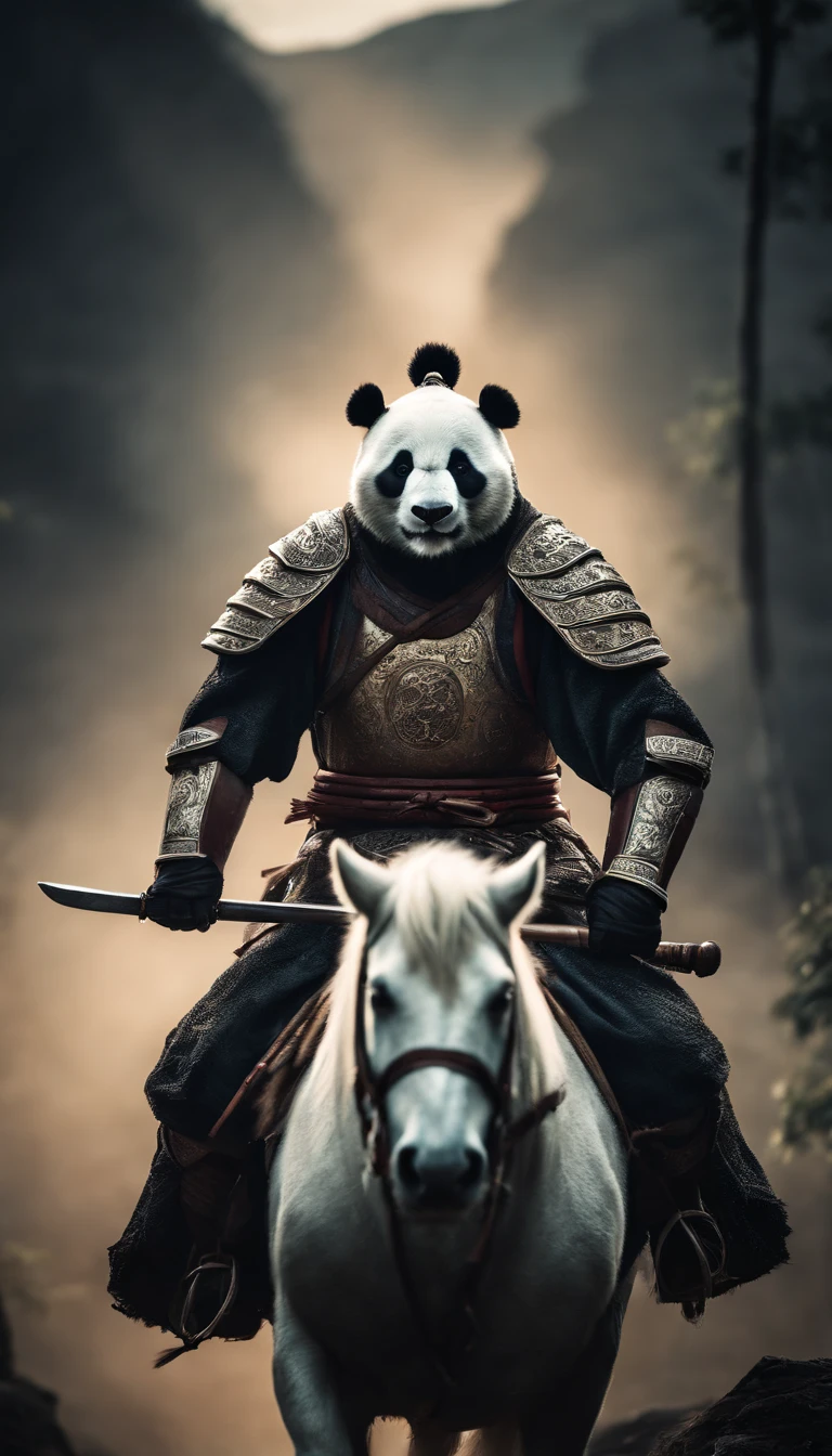 Three Kingdoms panda soldier riding a horse holding a sword