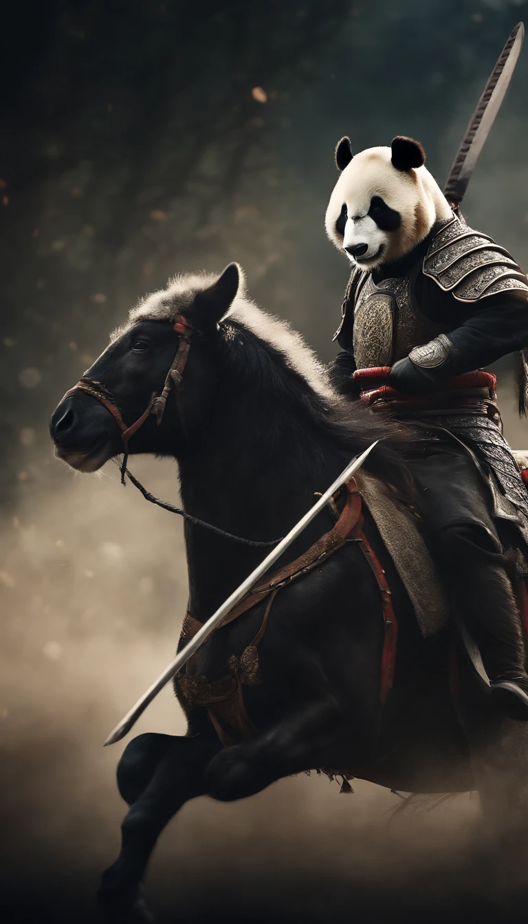 Three Kingdoms panda soldier riding a horse holding a sword