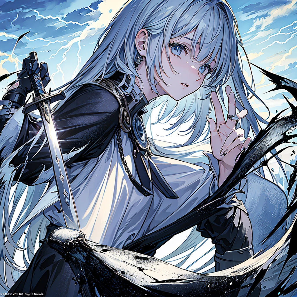 (masterpiece, top quality, best quality, official art, beautiful and aesthetic:1.2), extreme detailed,a girl holding a sword,highest detailed, dramatic situation, dramatic lightning