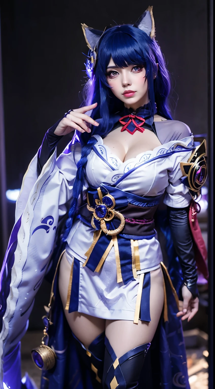 Mujer de cabello rubio vestida de blanco y negro sosteniendo una bandera blanca., Anime Girl Cosplay, Anime de cosplay, (Ahri de League of Legends:1.4), Holo es una chica lobo, cosplay, Hembra peluda mini estilo lindo, Chica gato blanco, Ahri, Seraphine Ahri Kda, cosplay de un catboy! Sirvienta! vestido, alguien, Foto cosplay,,More detailed 8K.motor irreal:1.4,UHD,La mejor calidad:1.4, fotorrealista:1.4, textura de la piel:1.4, obra maestra:1.8,obra-prima, mejor calidad,objeto Objeto], (detailed face features:1.3),(fondo ciudad apocalyptic destroyed:1.4),(manos detailed:1.4), Ultraphotomicrography, large breasts