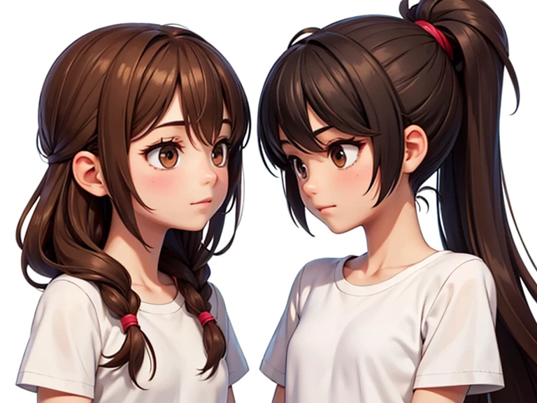 Two characters in a scene(absolutely identical twins brother and sister), The first character is a handsome effeminate boy with semi-long brown hair tied in a ponytail., White T-shirt, Brown eyes, and the second character is a girl with aesthetic small breasts with very tousled shaggy semi-long brown hair, hair between the eyes, Brown eyes, beautiful face, dressed in a white silk translucent T-shirt over a naked body, talk to each other, different emotions, free pose, free interaction with each other, White background, стиль мультфильма Disney Pixar