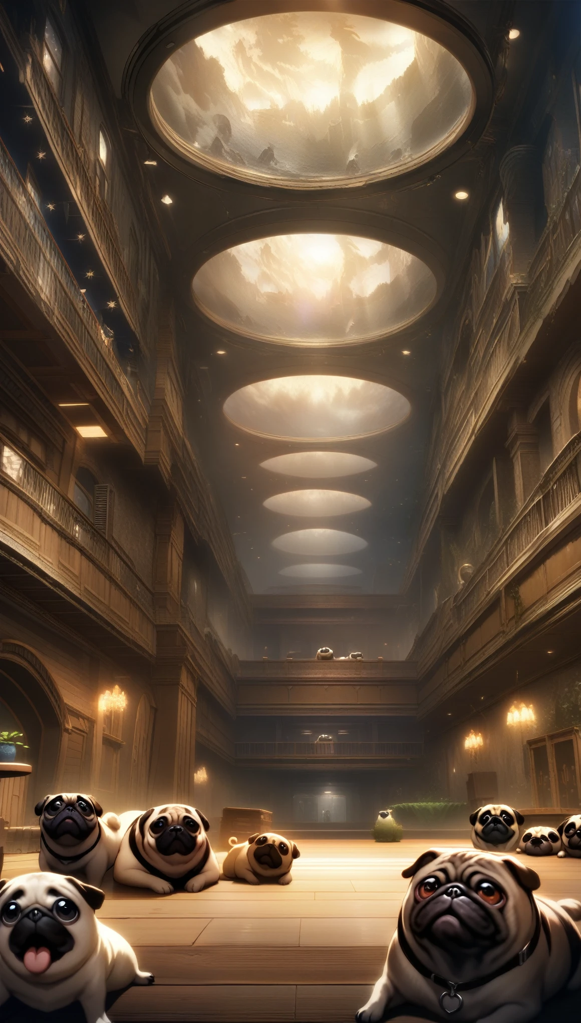 32k, best quality, ultra high res, HDR, UHD, extremely detailed CG, unity 32k wallpaper, Pug, There are a lot of them, Indoor room background, Looking up, 餌をねだるPug, 