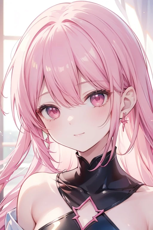 A pink-haired anime girl character wearing earrings, portrayed in Yanjun's style. The artwork showcases realistic use of lighting and colors, with shades of light pink and light deep red. The composition features soft edges and a gentle atmosphere, incorporating a close-up shot and smooth effects. Set under the sun, the character exhibits a shiny glossy effect in the hues of light pink and light deep red, smile