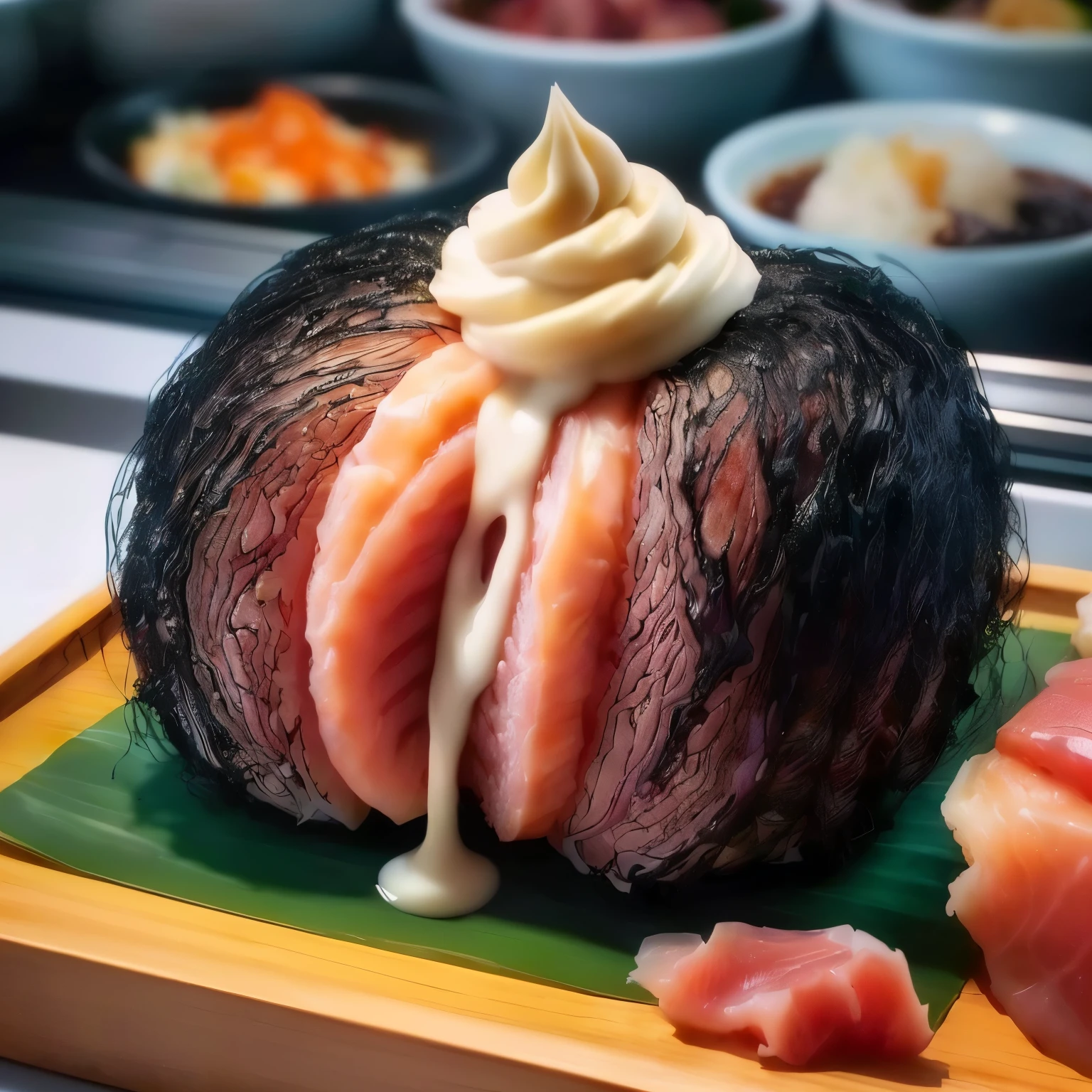 there is a large piece of food on a cutting board, super realistic food picture, momoshiki ōtsutsuki, japanese fusion cuisine, inspired by Kanō Naizen, exploded belly, disgusting food, tentacles wrapped around burgers, ❤🔥🍄🌪, salmon khoshroo, very very surreal, sasai ukon masanao