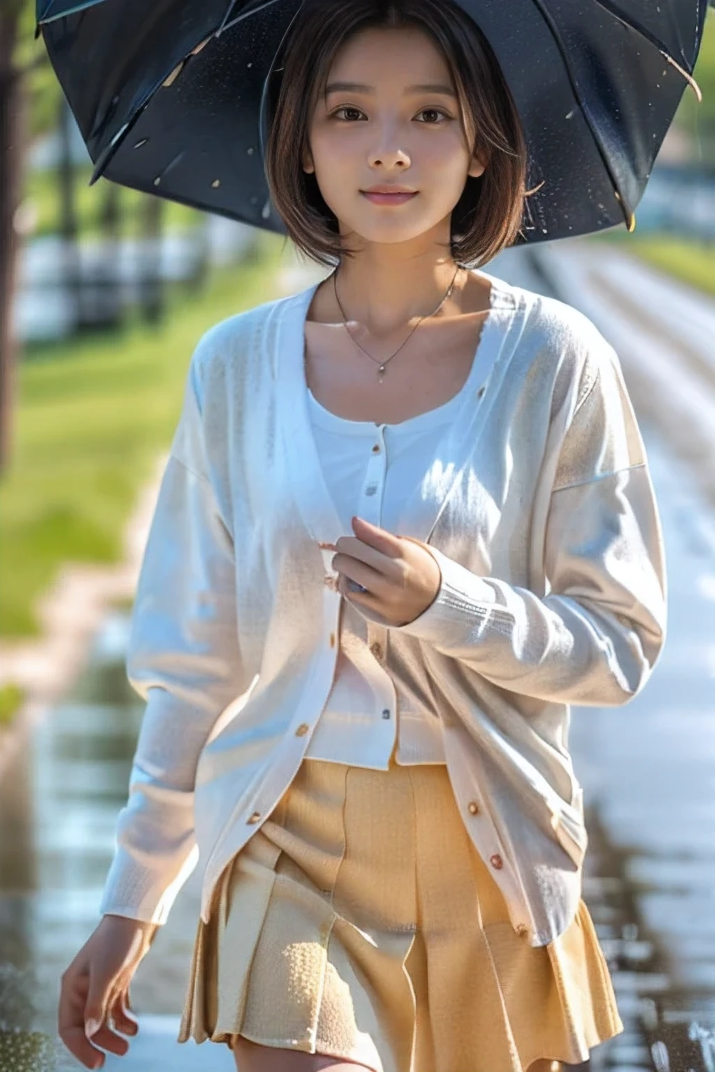 (An 18-year-old woman walking through the rain:1.5)、(Soaking wet:1.2)、(The best quality at its best:1.4), (Super detailed), (Very detailed CG unified 16k), Beautiful woman with perfect figure: 1.4, Sharp focus: 1.2, Very detailed, High-quality RAW color photos, Professional photography, Great face and eyes, cosmetics, (Amazingly beautiful girl), ((Summer Cardigan、White flared skirt:1.5)), Sexy posture,(View from below), Realistic movie faces, Wide zoomed out view of head to foot length, Full body long view, Realistic, ((Realistic natural orange red hairstyle, Realistic blue eyes)), ( Short Bob Hair:1.5), (necklace:1.5)、, Very beautiful face, Perfect model beauty, Mouth swelling, Highly detailed face and skin texture, Fine grain, double eyelid, Medium chest, smile, Crack, west, (masterpiece), highest quality, High resolution, Very detailed, Blurred Background, Depth of written boundary, Cinema Lighting, Great legs, , Clear, well-maintained skin, (((Women make up the majority of the photo)))