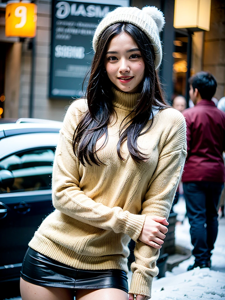 highest quality, masterpiece, photo-realistic, intricine details, RAW photo, photon rendering, octane rendering, disorganized, super detailed, detailed face, fine skin, trending on artstinion, 8k masterpiece, cineminic lighting, ( (1 girl)),((One person in)),((looking for_in_viewer)),CG social trends,visual artist,((black long hair)),((Beautiful woman)),(smile)Warm shirt, wool hat, black mini skirt,white boots, lingerie, underwear,((Winter streets))((snow)),((sexy)),hair blowing in the wind, ((flowing hair)),Happy,winter fashion