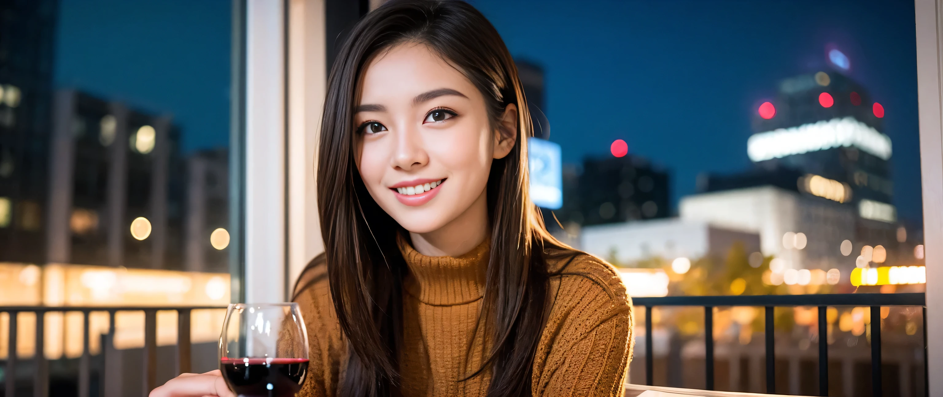 (highest quality、8k、masterpiece:1.3)、Beautiful woman with perfect figure:1.4、Dark brown hair、Knit dress、Highly detailed face and skin、Detailed eyes、double eyelid、Huge Mile、30th Generation、Sex Appeal、Wine glass on the table、Shine light on your face、 Amazing view of the sunset sky and clouds、Amazing mountain views、A bright smile、A lovely woman with a smile、Bright image、The beauty of wine, Beautiful Face, blue eyes, The light shines on your face, Blushing, short hair,Bright Face、Fox face、 (36 years old), 39 years old, Lady、red wine 、Appetizers、Italian food、Wine bottle、Champagne、sparkling wine、Two beauties、Brown Hair、Shortcuts、Long sleeve shirt、dress、Pretty Woman 1, (Slim face), (The body is slim), (Brown Hair), (Shortcuts), cheeks turn a little red,Attractive beauty、, Out of the window, A beautiful and detailed night view unfolds.........., restaurant, In a prominent place (From the waist up) Nova Frog Style, actress, model, Upper Body, White wine, slim, wine glass, Wine glass placed in the center, smile, (smile: 1.15), Beautiful fine grain, Depth f/2,saturation, High Contrast, Strong light and shadow,Moist Body:1.5、3D texture、Delicate eyes、Brown Hair、The hair is very shiny、