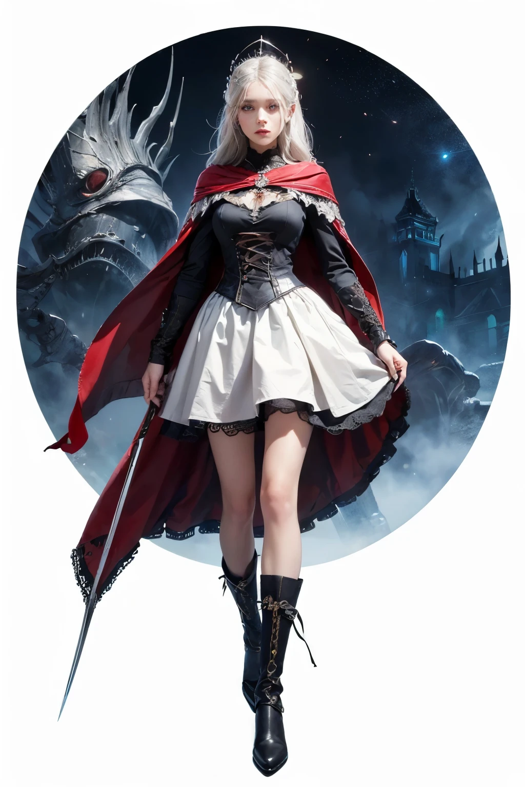 mpts
Copy
(((masutepiece, of the highest quality, super detailed))), hand drawn style, hand painted style, watercolour, sketch, a knight, white background, plain background, Bloodborne inspired, Bloodborne attire, occult aesthetic, occult, red and white clothing detailed and intricate steampunk and detailed gothic ta (with a hood), diadems, very thin long legs, Complex mechanical boots above the knee, Fluttering lace flared dress, beautiful small breasts directed upwards, (((( Highly detailed face))), small thin nose, Small thin lips mouth, (((Very sharp focused eyes))), Very large slit precision pale grey eyes that shine like jewels. very long eyelashes, Silver hair swaying in the wind, Emitting a dazzling light in a mandala pattern, white background, Very dramatic and cinematic lighting, red and white clothing, full body, whole body, body, cosmic horror, grim dark