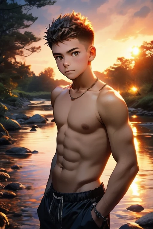 Deep forest, river, sunset light, boy, 18 years old, swimsuit, Short spiked hair, crew cut hair, Cute, Young, Asian,