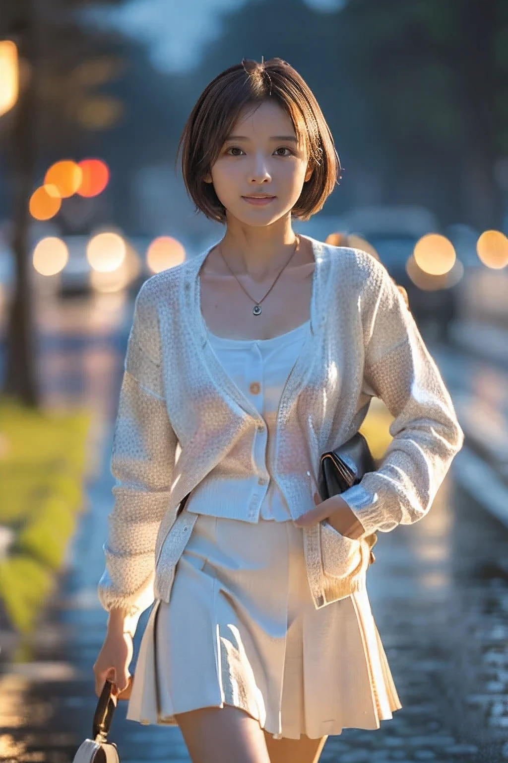(An 18-year-old woman walking through the rain:1.5)、(Soaking wet:1.2)、(The best quality at its best:1.4), (Super detailed), (Very detailed CG unified 16k), Beautiful woman with perfect figure: 1.4, Sharp focus: 1.2, Very detailed, High-quality RAW color photos, Professional photography, Great face and eyes, cosmetics, (Amazingly beautiful girl), ((Summer Cardigan、White flared skirt:1.5)), Sexy posture,(View from below), Realistic movie faces, Wide zoomed out view of head to foot length, Full body long view, Realistic, ((Realistic natural orange red hairstyle, Realistic blue eyes)), ( Short Bob Hair:1.5), (necklace:1.5)、, Very beautiful face, Perfect model beauty, Mouth swelling, Highly detailed face and skin texture, Fine grain, double eyelid, Medium chest, smile, Crack, west, (masterpiece), highest quality, High resolution, Very detailed, Blurred Background, Depth of written boundary, Cinema Lighting, Great legs, , Clear, well-maintained skin, (((Women make up the majority of the photo)))