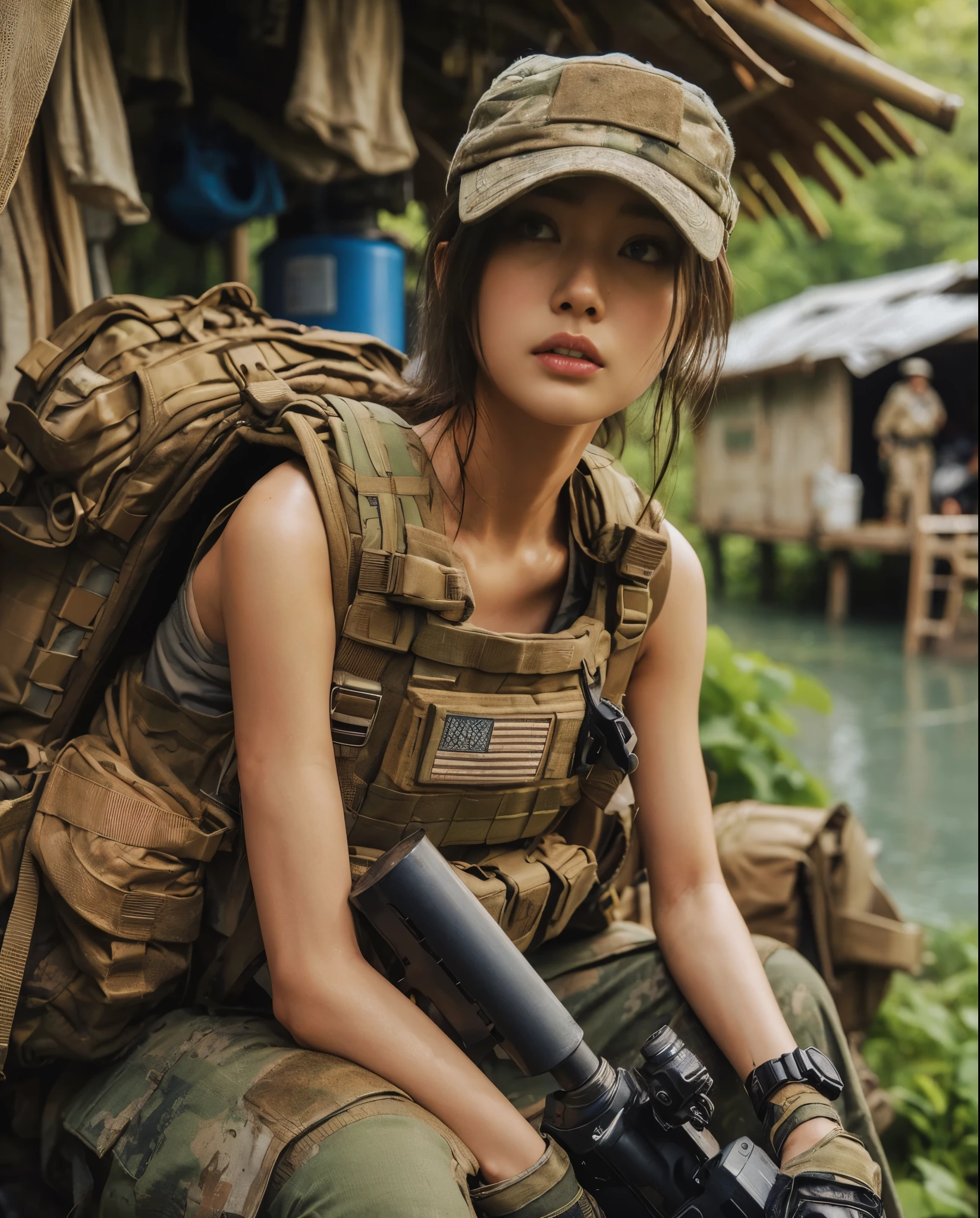 8k,Realistic Skin Texture、Superrealism、Realistic Photo、Japanese Women in the U.S. Army、Bulletproof vest、、Navigate the swamp as a team、Confused expression、backpack、cap、Heavy equipment、Dynamic action pose、A groundbreaking composition