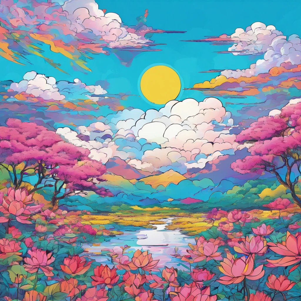 Highest quality illustrations Pixiv Scenery No people Blue sky Lotus flowers Clouds