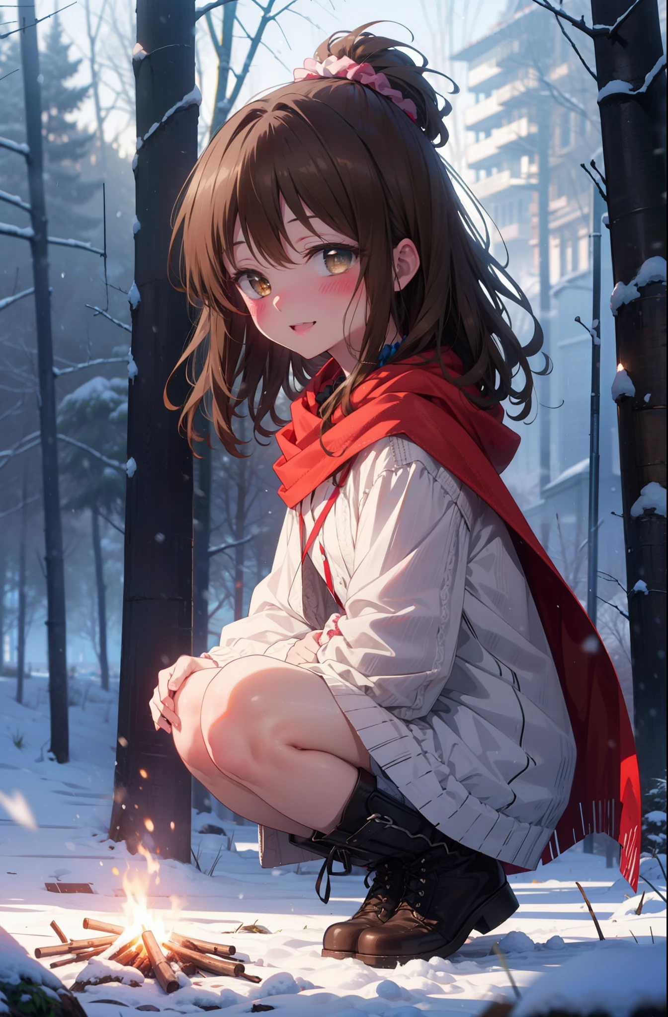 Follow Us, Yuki mandarin orange, (Brown eyes:1.5), Brown Hair, hair ornaments, hair Scrunchie, Long Hair, pink Scrunchie, Scrunchie, (Flat Chest:1.2),smile,,smile,blush,White Breath,
Open your mouth,snow,Ground bonfire, Outdoor, boots, snowing, From the side, wood, suitcase, Cape, Blurred, , forest, White handbag, nature,  Squat, Mouth closed, Cape, winter, Written boundary depth, Black shoes, red Cape break looking at viewer, Upper Body, whole body, break Outdoor, forest, nature, break (masterpiece:1.2), highest quality, High resolution, unity 8k wallpaper, (shape:0.8), (Beautiful and beautiful eyes:1.6), Highly detailed face, Perfect lighting, Highly detailed CG, (Perfect hands, Perfect Anatomy),