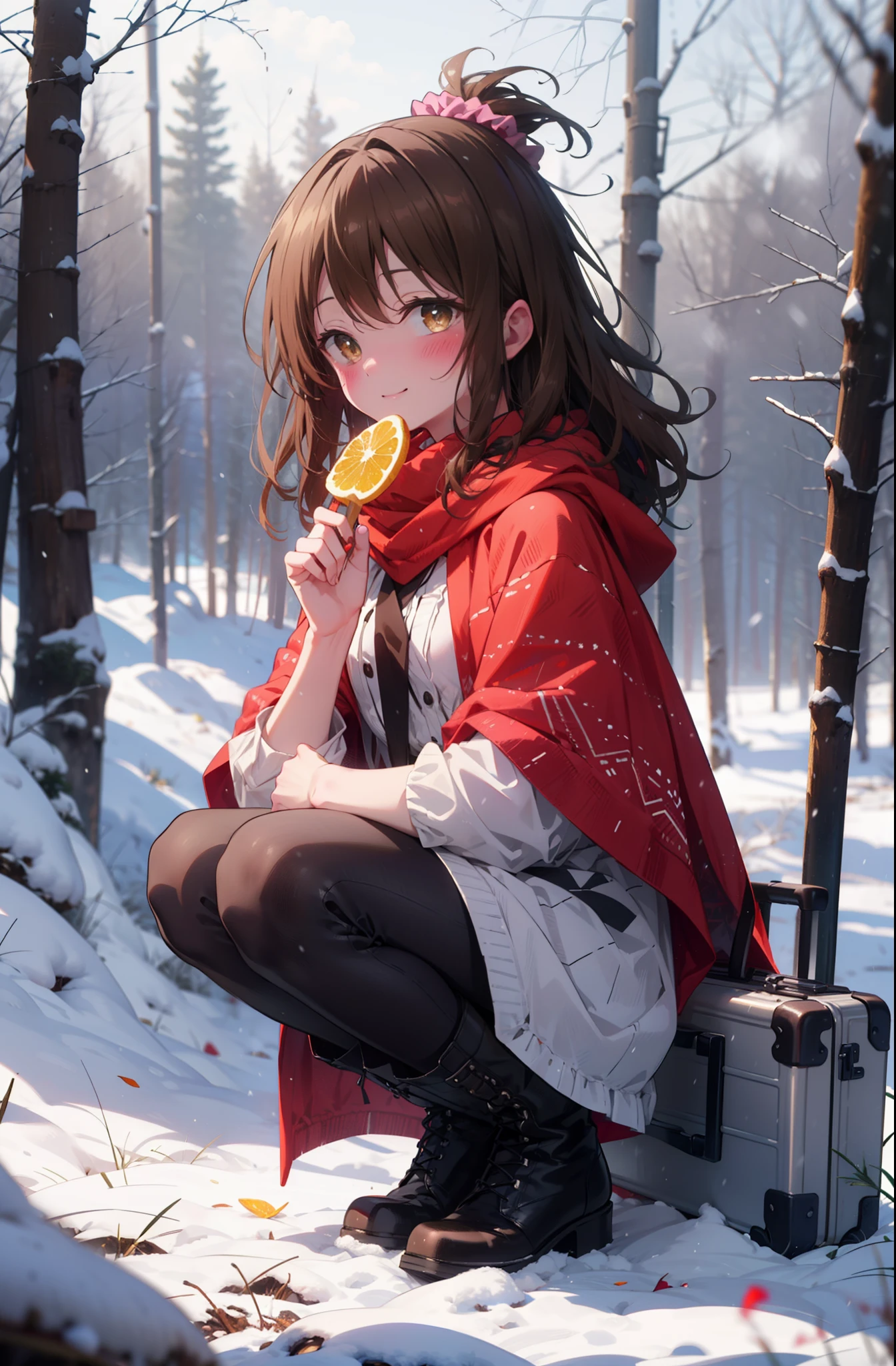 Follow Us, Yuki mandarin orange, (Brown eyes:1.5), Brown Hair, hair ornaments, hair Scrunchie, Long Hair, pink Scrunchie, Scrunchie, (Flat Chest:1.2),smile,,smile,blush,White Breath,
Open your mouth,snow,Ground bonfire, Outdoor, boots, snowing, From the side, wood, suitcase, Cape, Blurred, , forest, White handbag, nature, Squat, Mouth closed, Cape, winter, Written boundary depth, Black shoes, red Cape break looking at viewer, Upper Body, whole body, break Outdoor, forest, nature, break (masterpiece:1.2), highest quality, High resolution, unity 8k wallpaper, (shape:0.8), (Beautiful and beautiful eyes:1.6), Highly detailed face, Perfect lighting, Highly detailed CG, (Perfect hands, Perfect Anatomy),
