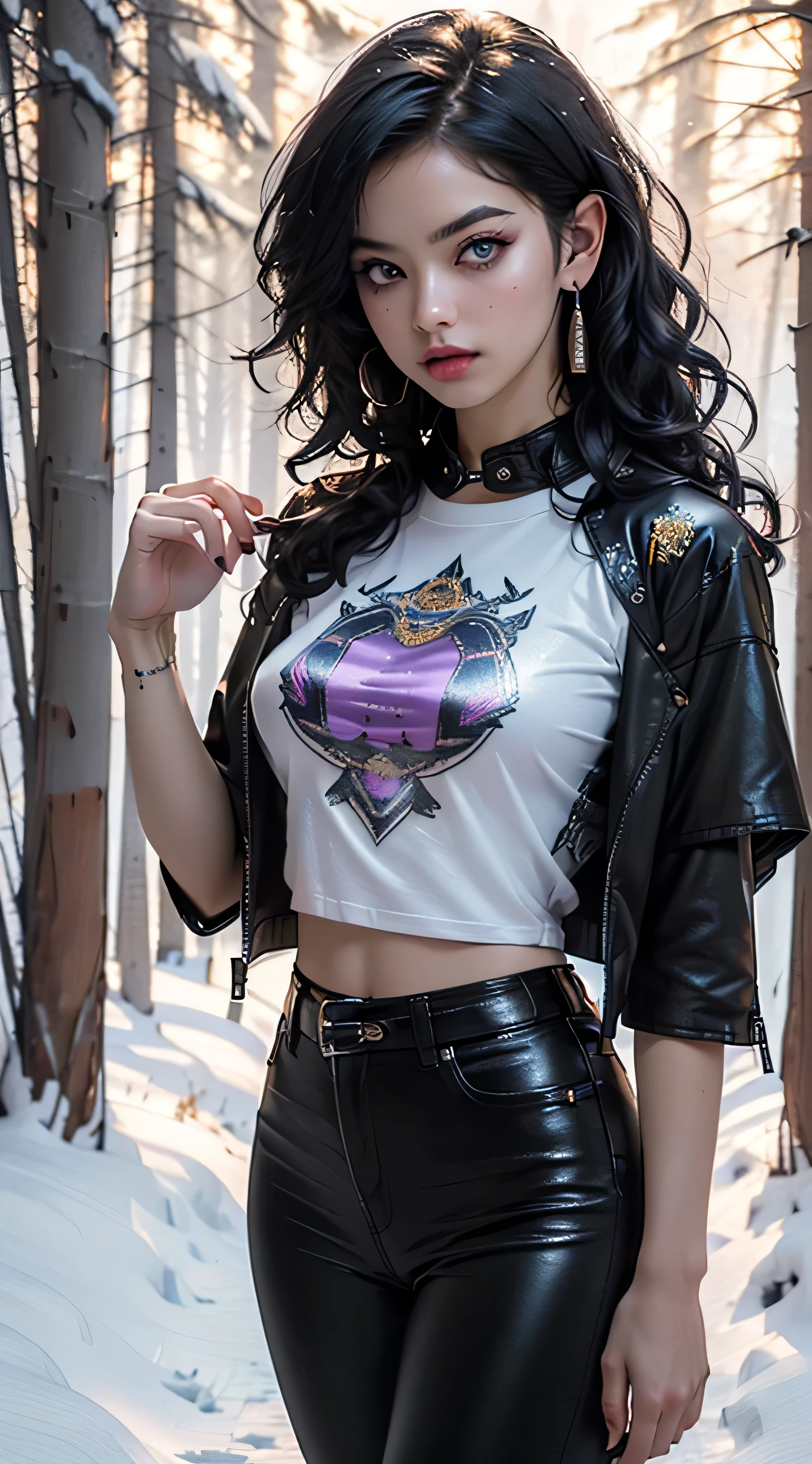 goth girl,1girl,((extremely cute and beautiful black haired anime goth girl)),(((16 years old))),(large breasts:1.2),((((black wavy hair:1.35,absurdly long unkempt hair,messy hair,colored inner hair,ear breathing)))),((heterochromia:1.5, (purple_eye and red_eye))),intricate eyes,beautiful detailed eyes,symmetrical eyes,Big eyes:1.5,((fat)),(((lustrous skin:1.5,bright skin: 1.5,skin tanned,shiny skin,very shiny skin,shiny body,plastic glitter skin,exaggerated shiny skin,illuminated skin))),(spider lower abdomen,narrow waist,wide hip,athletic body,inflated legs,detailed body,(detailed face)),
cute,slutty,seductive,erotic,(nsfw),
revealing clothing,show skin,((((printed T-shirt:1.3),black leather crop jacket:1.3))),((black leather pants,)),((underpants strap)),((underboob:1.2)),(((Black Eyeshadow,Thick Black Eyeliner,Long Dramatic Eyelashes,Black Lips,Goth Accessories,intricate makeup))),(((intricate outfit,intricate clothes,embroidered outfit,ornate outfit,embroidered clothes,ornate clothes))),
(dynamic pose:1.0),embarrassed,(centered,scale to fit dimensions,Rule of thirds),
((snowy pine forest at night)), with dark stormy clouds,winter,scenery:1.25,((snow forest background)),Christmas tree,
(Glossy winter ornaments),(top-quality,8K,32K,masterpiece),high resolution,(Photorealistic:1.4),Ray tracing,Sun glare,depth of fields,By backlight effect,Add depth to your screen,(((vibrant colors,vibrant theme))),(intricate),(high contrast,photorealistic artwork:1.37),(best quality,4k,highres,masterpiece:1.2),ultra-detailed,(realistic,photorealistic,photo-realistic:1.37),professional,
