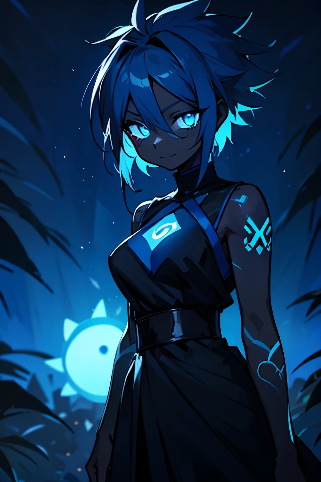 black skin, anime woman, happy, glowing blue eyes, glowing blue tattoos, extremely short messy glowing blue hair, wearing a black dress