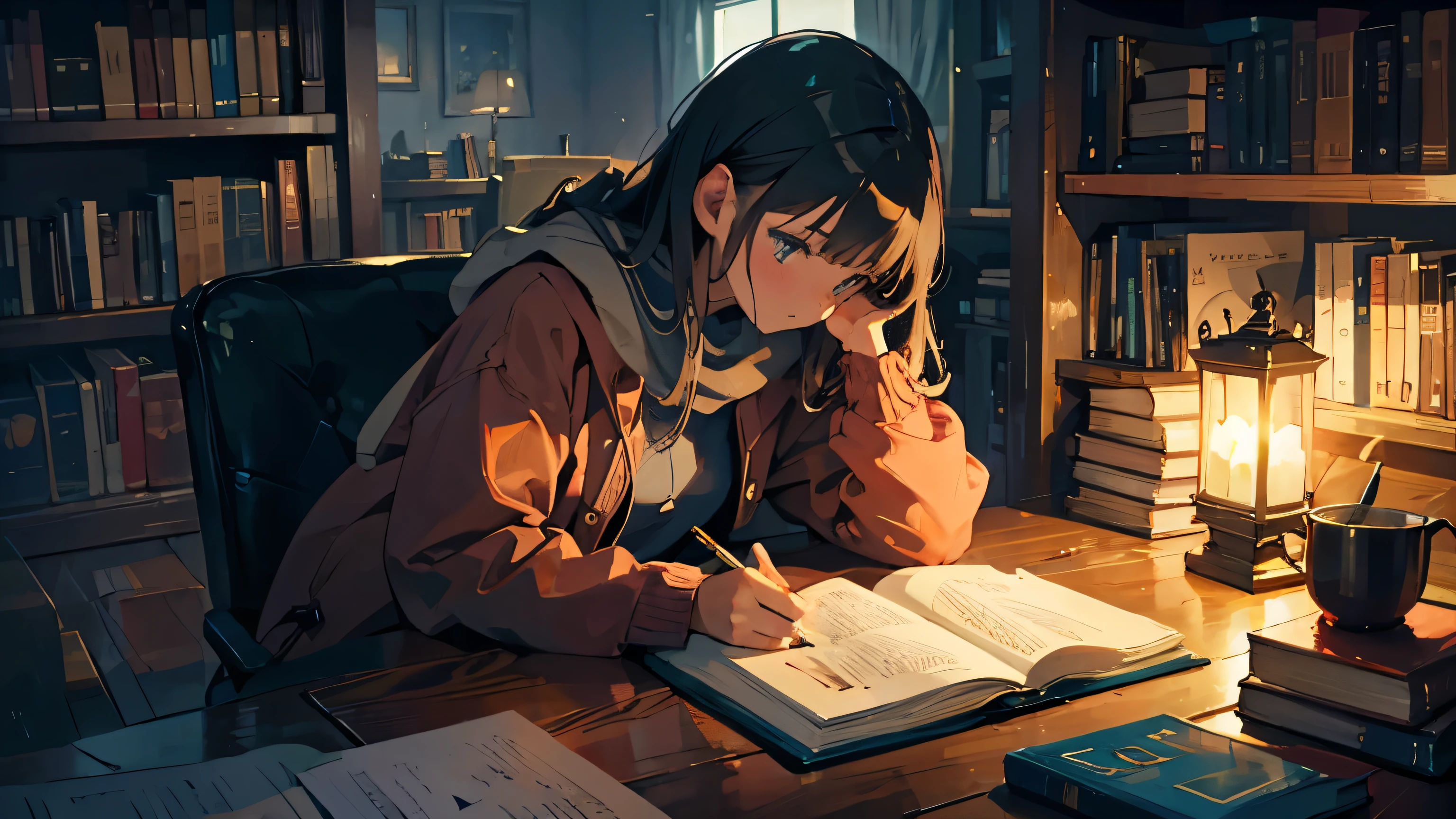 1 girl, reading, book, home, warm, night, beautiful, study,