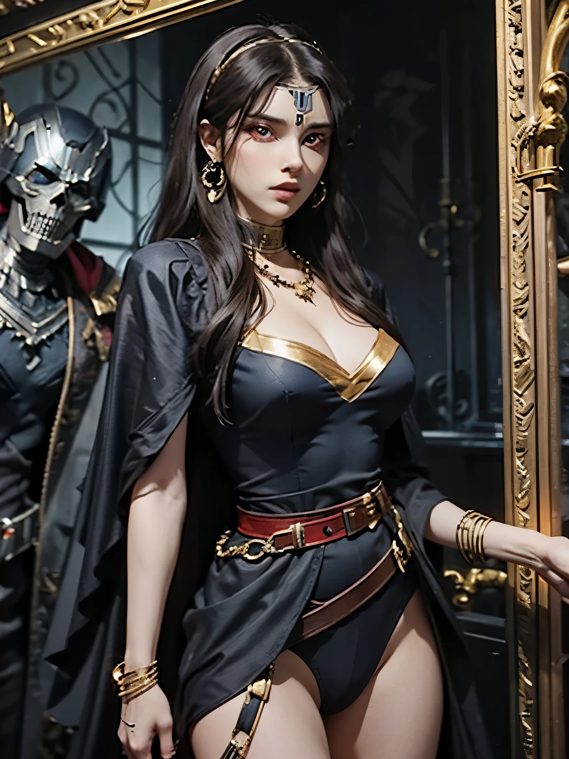 1 girl, solo, details, masterpiece, best quality, photorealistic realism, beautiful girl, long hair, black hair, skull headband, gold earrings, (((red eyes))), beautiful face, skull necklace, perfect body, large breast, open chest, black long dress, skull bracelet, gold earrings, gold belt, (((black panty))), musical instrument, stand near ancient chair, dark sky, dark temple,