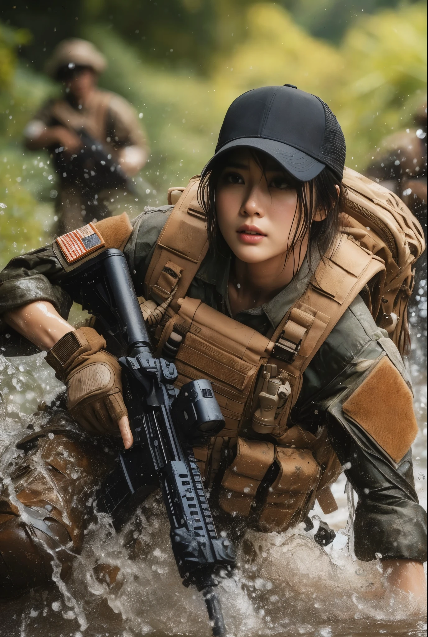 ８ｋ,Realistic Skin Texture、Superrealism、Realistic Photo、Japanese Women in the U.S. Army、Bulletproof vest、、Navigate the swamp as a team、Confused expression、backpack、cap、Heavy equipment、Dynamic action pose、A groundbreaking composition、soaked