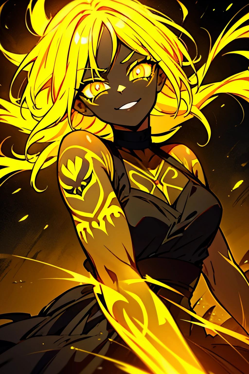 black skin, anime woman, happy, glowing yellow eyes, glowing yellow tattoos, glowing yellow messy yellow hair, wearing a black dress