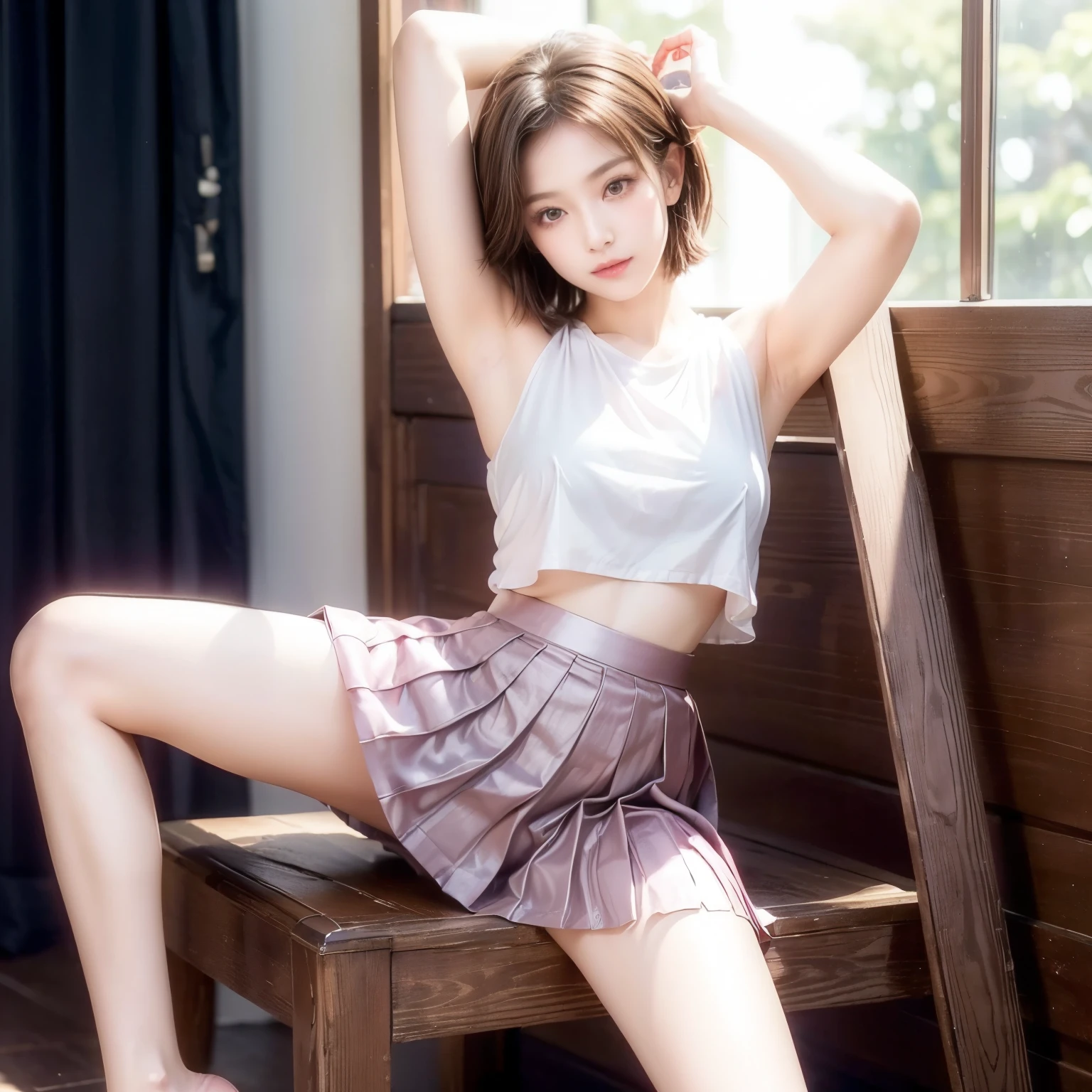 (highest quality, High resolution, masterpiece :1.3), Beautiful girl,((arms up behind)),Short Bob, Blushing,firm breasts,No makeup,((Transparent and shining costume with pleated skirt)),sitting,from the side