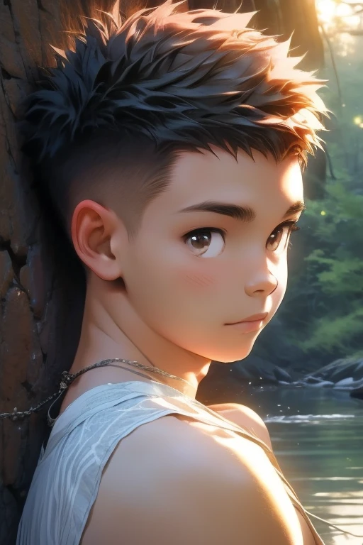 Forest, river, Before dawn, boy, 18 years old, swimsuit, Short spiked hair, crew cut hair, Cute, Young, Asian,