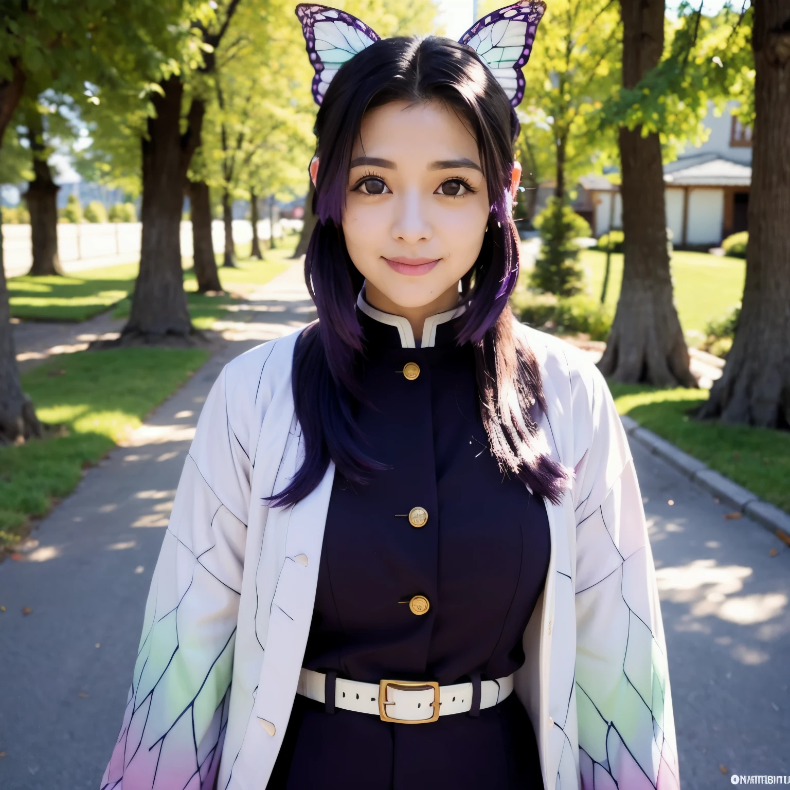 CosmiEyes, shinobu, 1girl, solo, looking at viewer, smile, long hair, black hair, hair ornament, long sleeves, medium breasts, closed mouth, ((purple eyes)), jacket, purple hair, sidelocks, outdoors, japanese clothes, belt, blurry, uniform, black jacket, parted bangs, blurry background, katana, bug, butterfly, sheath, forehead, upper body, detailed face, detailed eyes,