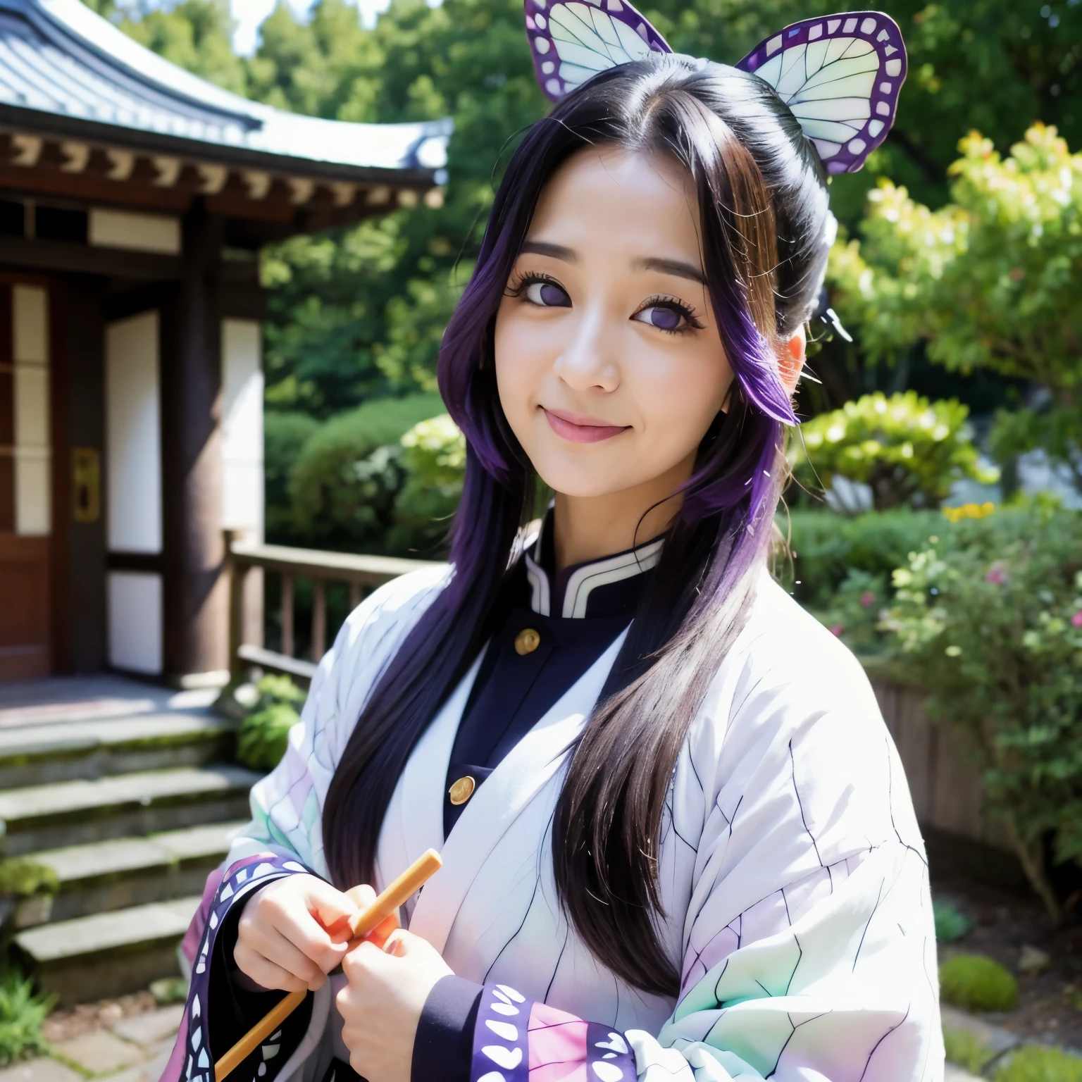CosmiEyes, shinobu, 1girl, solo, looking at viewer, smile, long hair, black hair, hair ornament, long sleeves, medium breasts, closed mouth, ((purple eyes)), jacket, purple hair, sidelocks, outdoors, japanese clothes, belt, blurry, uniform, black jacket, parted bangs, blurry background, katana, bug, butterfly, sheath, forehead, upper body, detailed face, detailed eyes,