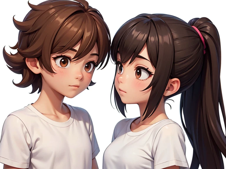 Two characters in a scene boy and girl (absolutely identical twins brother and sister), The first character is a handsome effeminate boy with semi-long brown hair tied in a ponytail., White T-shirt, Brown eyes, and the second character is a girl with aesthetic small breasts with very tousled shaggy semi-long brown hair, hair between the eyes, Brown eyes, beautiful face, noticeably muscular athlete,dressed in a white silk translucent T-shirt over a naked body, talk to each other, different emotions, free pose, free interaction with each other, White background, стиль мультфильма Disney Pixar