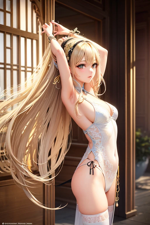 Natural Light, (Best Quality, highly detailed, Masterpiece), ((wide shot)), (Fantasy aesthetic style), (realistic light and shadow), (real and delicate background), (beautiful and detailed eyes), (realistic detailed skin texture), (detailed hair), (full-length shot), ((be reast)), Chinese mansion, Chinese garden, Outdoor, vibrant color, Draw a female Dancer, Chinese style, perfect face, beautiful and Pleasure, with long straight blonde hair dancing in the air, wearing gorgeous hair accessories, (See-through rainbow cheongsam), cleavage cutout, complemented by intricately designed lace thighhighs, with a slim figure and slender legs, ((brightly light environment)), ((dance stance)), ,more_details:-1, more_details:0, more_details:0.5, more_details:1, more_details:1.5,nardack