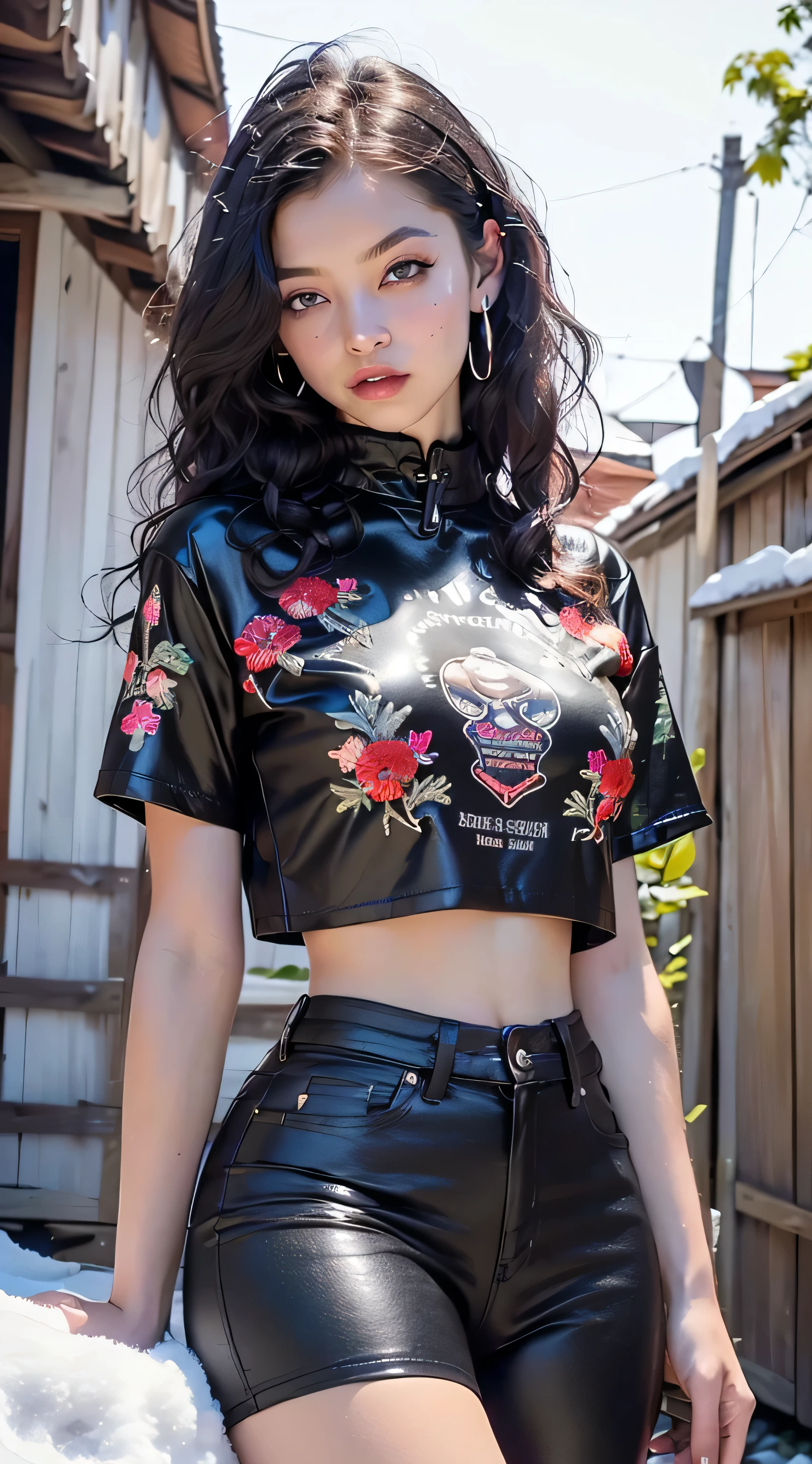 goth girl,1girl,((extremely cute and beautiful black haired anime goth girl)),((())),(large breasts:1.2),((((black wavy hair:1.35,absurdly long unkempt hair,messy hair,colored inner hair,ear breathing)))),((heterochromia:1.5, (purple_eye and red_eye))),intricate eyes,beautiful detailed eyes,symmetrical eyes,Big eyes:1.5,((fat)),(((lustrous skin:1.5,bright skin: 1.5,skin tanned,shiny skin,very shiny skin,shiny body,plastic glitter skin,exaggerated shiny skin,illuminated skin))),(spider lower abdomen,narrow waist,wide hip,athletic body,inflated legs,detailed body,(detailed face)),
cute,slutty,seductive,erotic,(nsfw),
revealing clothing,show skin,((((printed T-shirt:1.3),black leather crop jacket:1.3))),((black leather pants,)),((underpants strap)),((underboob:1.2)),(((Black Eyeshadow,Thick Black Eyeliner,Long Dramatic Eyelashes,Black Lips,Goth Accessories,intricate makeup))),(((intricate outfit,intricate clothes,embroidered outfit,ornate outfit,embroidered clothes,ornate clothes))),
(dynamic pose:1.0),embarrassed,(centered,scale to fit dimensions,Rule of thirds),
((snowy pine forest at night)), with dark stormy clouds,winter,scenery:1.25,((snow forest background)),Christmas tree,
(Glossy winter ornaments),(top-quality,8K,32K,masterpiece),high resolution,(Photorealistic:1.4),Ray tracing,Sun glare,depth of fields,By backlight effect,Add depth to your screen,(((vibrant colors,vibrant theme))),(intricate),(high contrast,photorealistic artwork:1.37),(best quality,4k,highres,masterpiece:1.2),ultra-detailed,(realistic,photorealistic,photo-realistic:1.37),professional,