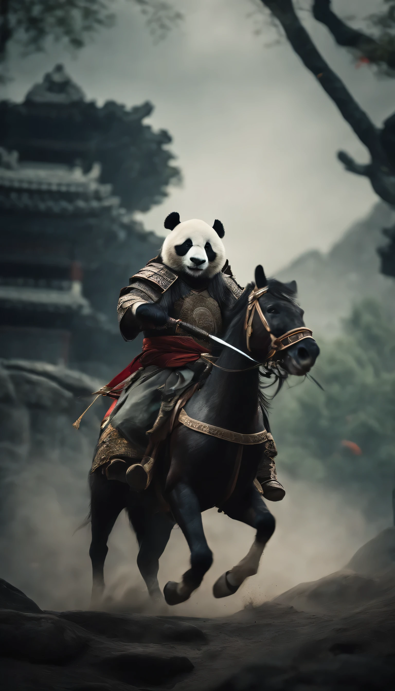 Three Kingdoms panda soldier riding a horse holding a sword
