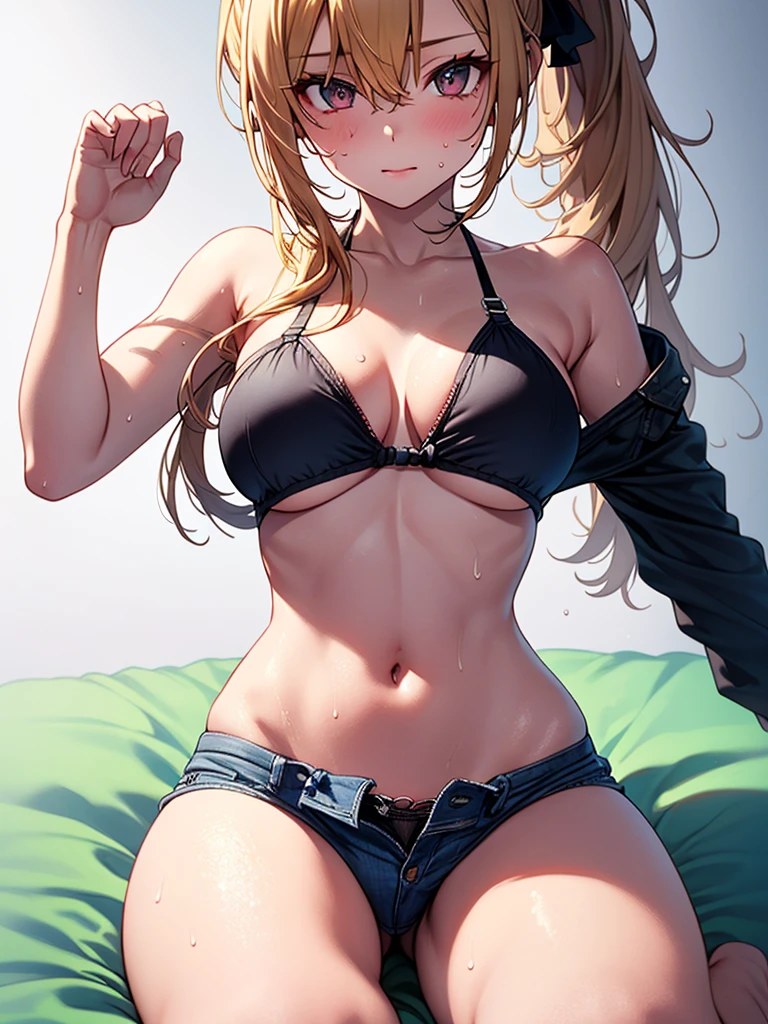 (highest quality, High resolution, perfect pixel, Depth of bounds written, 4K), bed, detailed eyes, (1 lady), tall, (skinny body:1.2), (thin thighs:1.2), (Narrow hips:1.2), middle breasts, blond hair, (ponytail:1.2), (black triangle bikini:1.2), (denim short pants), (unbutton:1.3), (panty strap:1.3), (sexy pose), (kneeling), (Arching the back:1.2), (arm up:1.5), (clear face), sweat,