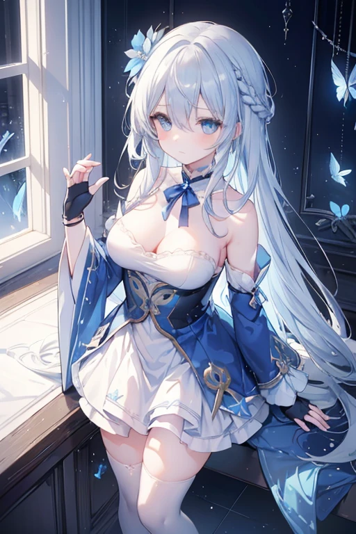 (Overhead view),dynamic angle,ultra-detailed, illustration, close-up, straight on, 1girl, (fantasy:1.4), (azure blue eyes:1.233),Her eyes shone like dreamy stars,(glowing eyes:1.233),(beautiful and detailed eyes:1.1),(Silver hair:1.14),(messy hair,very long hair,french braid,hair between eyes,sidelocks), (+(bule hair flower:1.14)),(chiffon dress,bule flower pattern in uniform)/=(military uniform:1.24),(detached sleeves,wide sleeves),(fingerless gloves),choker,(miko thighhighs),High heeled boots,(expressionless,closed mouth),(standing), (classical Princess boudoir with dressing tableand french windowin a white ancient palaces),(white flowers,bloom),(abysmal sea),(flowing water),(a dull blue world tree:1.14),(ruins),(night:1.2),dreamy,soul,(fluorescence),(flying translucent blue butterflies:1.15), [[delicate fingers and hands:0.55]::0.85],(detail fingers),(yubao:0.5),