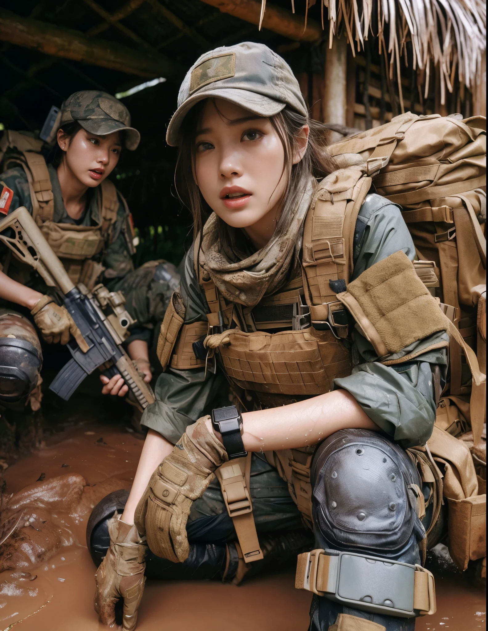 8k,Realistic Skin Texture、Superrealism、Realistic Photo、Japanese Women in the U.S. Army、Bulletproof vest、、Navigate the swamp as a team、Confused expression、backpack、cap、Heavy equipment、Dynamic action pose、A groundbreaking composition、soaked