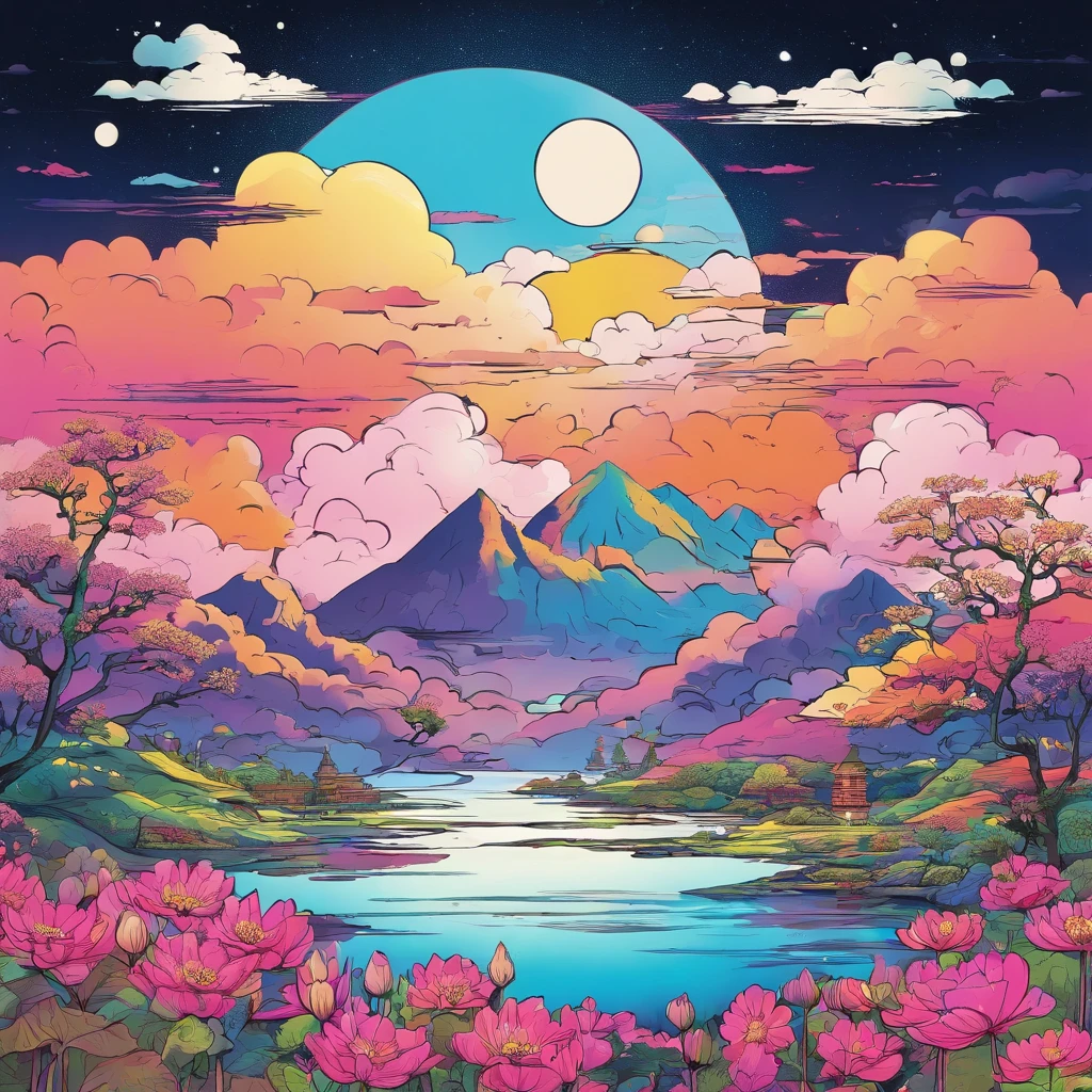Highest quality illustrations Pixiv Scenery No humans Sky Lotus flowers Clouds Moon 