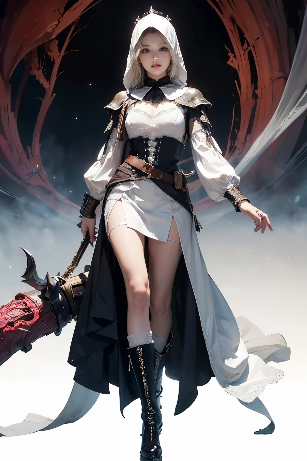 mpts
Copy
(((masutepiece, of the highest quality, super detailed))), hand drawn style, hand painted style, watercolour, sketch, a knight, white background, plain background, Bloodborne inspired, Bloodborne attire, occult aesthetic, occult, red and white clothing detailed and intricate steampunk and detailed gothic ta (with a hood), diadems, very thin long legs, Complex mechanical boots above the knee, Fluttering lace flared dress, beautiful small breasts directed upwards, (((( Highly detailed face))), small thin nose, Small thin lips mouth, (((Very sharp focused eyes))), Very large slit precision pale grey eyes that shine like jewels. very long eyelashes, Silver hair swaying in the wind, Emitting a dazzling light in a mandala pattern, white background, Very dramatic and cinematic lighting, red and white clothing, full body, whole body, body, cosmic horror, grim dark