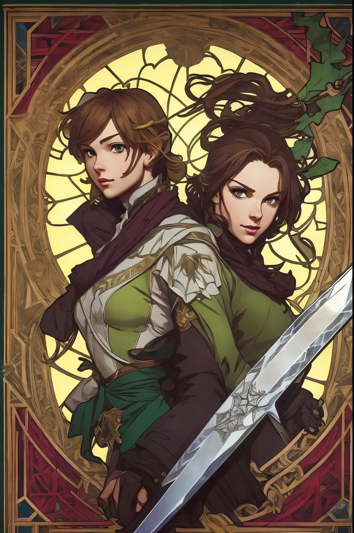 retrato de amarillo: Mistletoe mercenaries holding a magic sword. una brillante espada de cristal resplandeciente. Super symmetrical, very detallado, Intrincado, detallado. de Iliá Kuvshinov y Alphonse Mucha. dreamer, brilla