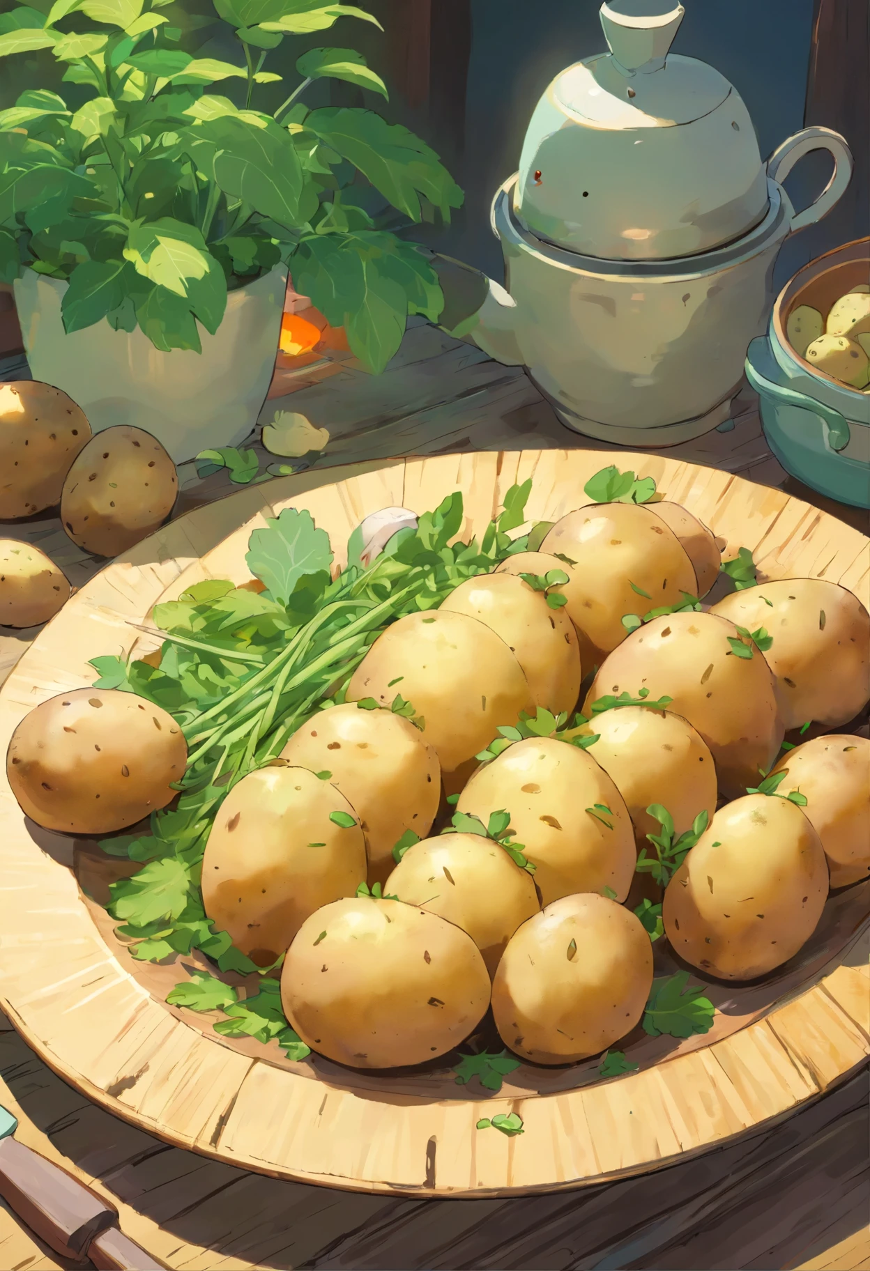 Beautifully arranged potatoes on the table,Delicate stem tip,Refreshing,Artistic presentation,Natural vibrant colors,(best quality,4k,8K,High resolution,masterpiece:1.2),Extremely detailed,Practical:1.37,Close-up details,Texture green sprouts,Studio Lighting,Subtle shadows,aesthetic appeal,Culinary inspiration,healthy,An electric fan is blowing