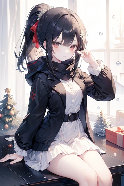 ((top quality, Top image quality, masterpiece, complete fingers, Slender beauty,)) (masterpiece1.5), best quality, expressive eyes, perfect face Beautiful.  ((Wear is jacket and muffler and frill skirt. design is Beautiful style.)) Beautiful Anime is Japanese very cute girl. Japanese very cute girl is ponytail. hair colour is black. hair style is ponytail. single eyelids. eye style is hooded and sultry and deep set and captivating and enigmatic. ((eyes colour is dark orange.)) Facial expression is smile. Very small breasts. ((Background image is Winter Christmas Design.)) ((season is winter)) Action is it looks like it's playing daily life.