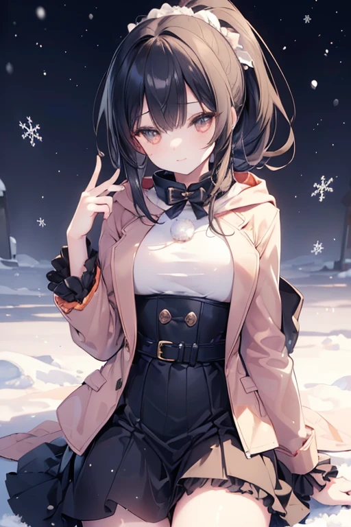 <lora:pamiat_merkuria_v1.1:0.8>,pamiat_merkuria\(azur lane\), one_side_up,brown hair,red eyes, black_gloves, black_legwear, fur-trimmed_coat, peaked_cap,uniform,night, wine, outdoors, snow, snowing, bottle,, masterpiece, best quality, extremely detailed face, sharp details, high contrast,
