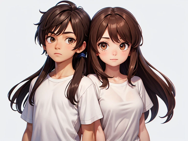 Two characters in a scene boy and girl (absolutely identical twins brother and sister), The first character is a handsome effeminate boy with semi-long brown hair tied in a ponytail., White T-shirt, Brown eyes, and the second character is a girl with aesthetic small breasts with very tousled shaggy semi-long brown hair, hair between the eyes, Brown eyes, beautiful face, noticeably muscular athlete,dressed in a white silk translucent T-shirt over a naked body, talk to each other, different emotions, free pose, free interaction with each other, White background, стиль мультфильма Disney Pixar