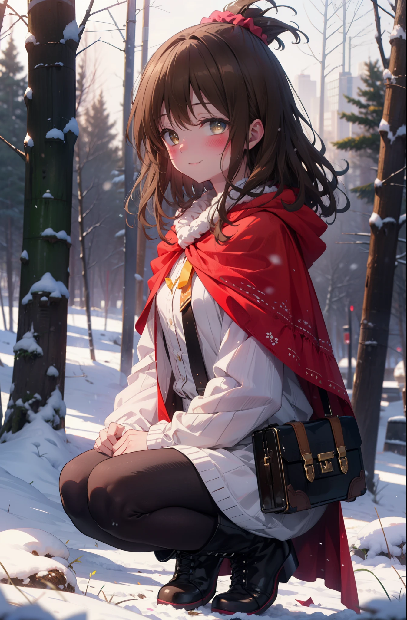 Follow Us, Yuki mandarin orange, (Brown eyes:1.5), Brown Hair, hair ornaments, hair Scrunchie, Long Hair, pink Scrunchie, Scrunchie, (Flat Chest:1.2),smile,,smile,blush,White Breath,
Open your mouth,snow,Ground bonfire, Outdoor, boots, snowing, From the side, wood, suitcase, Cape, Blurred, , forest, White handbag, nature,  Squat, Mouth closed, Cape, winter, Written boundary depth, Black shoes, red Cape break looking at viewer, Upper Body, whole body, break Outdoor, forest, nature, break (masterpiece:1.2), highest quality, High resolution, unity 8k wallpaper, (shape:0.8), (Beautiful and beautiful eyes:1.6), Highly detailed face, Perfect lighting, Highly detailed CG, (Perfect hands, Perfect Anatomy),