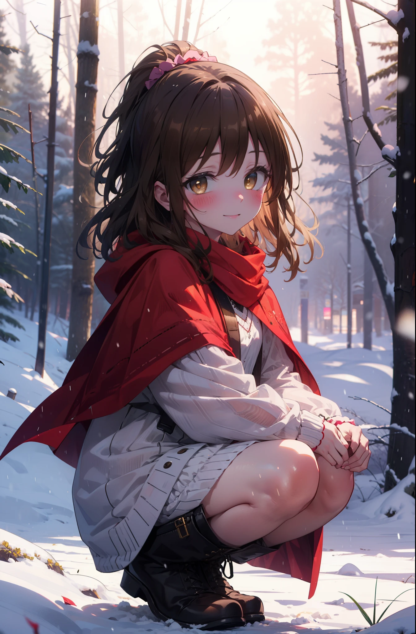 Follow Us, Yuki mandarin orange, (Brown eyes:1.5), Brown Hair, hair ornaments, hair Scrunchie, Long Hair, pink Scrunchie, Scrunchie, (Flat Chest:1.2),smile,,smile,blush,White Breath,
Open your mouth,snow,Ground bonfire, Outdoor, boots, snowing, From the side, wood, suitcase, Cape, Blurred, , forest, White handbag, nature,  Squat, Mouth closed, Cape, winter, Written boundary depth, Black shoes, red Cape break looking at viewer, Upper Body, whole body, break Outdoor, forest, nature, break (masterpiece:1.2), highest quality, High resolution, unity 8k wallpaper, (shape:0.8), (Beautiful and beautiful eyes:1.6), Highly detailed face, Perfect lighting, Highly detailed CG, (Perfect hands, Perfect Anatomy),